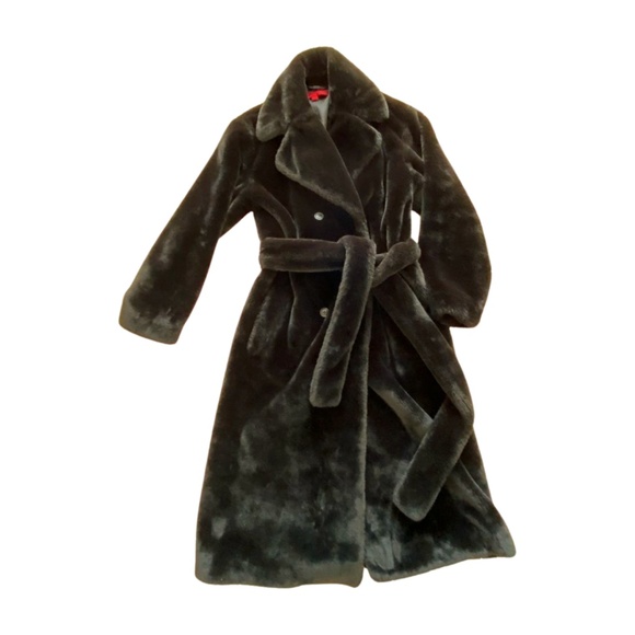 HUGO by Hugo Boss faux fur belted coat in black - Picture 1 of 10